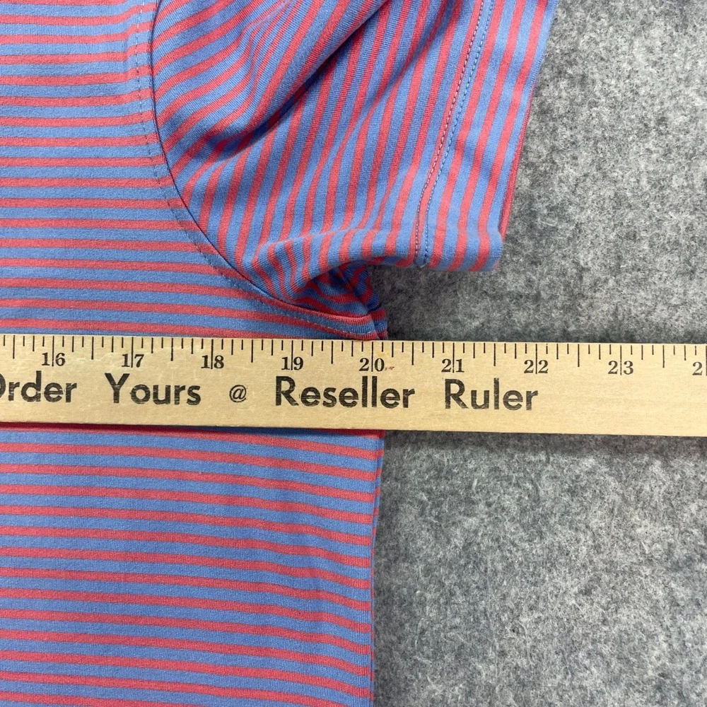 J Crew Performance Mens Polo Shirt M Blue and Red Striped Short Sleeve Golf